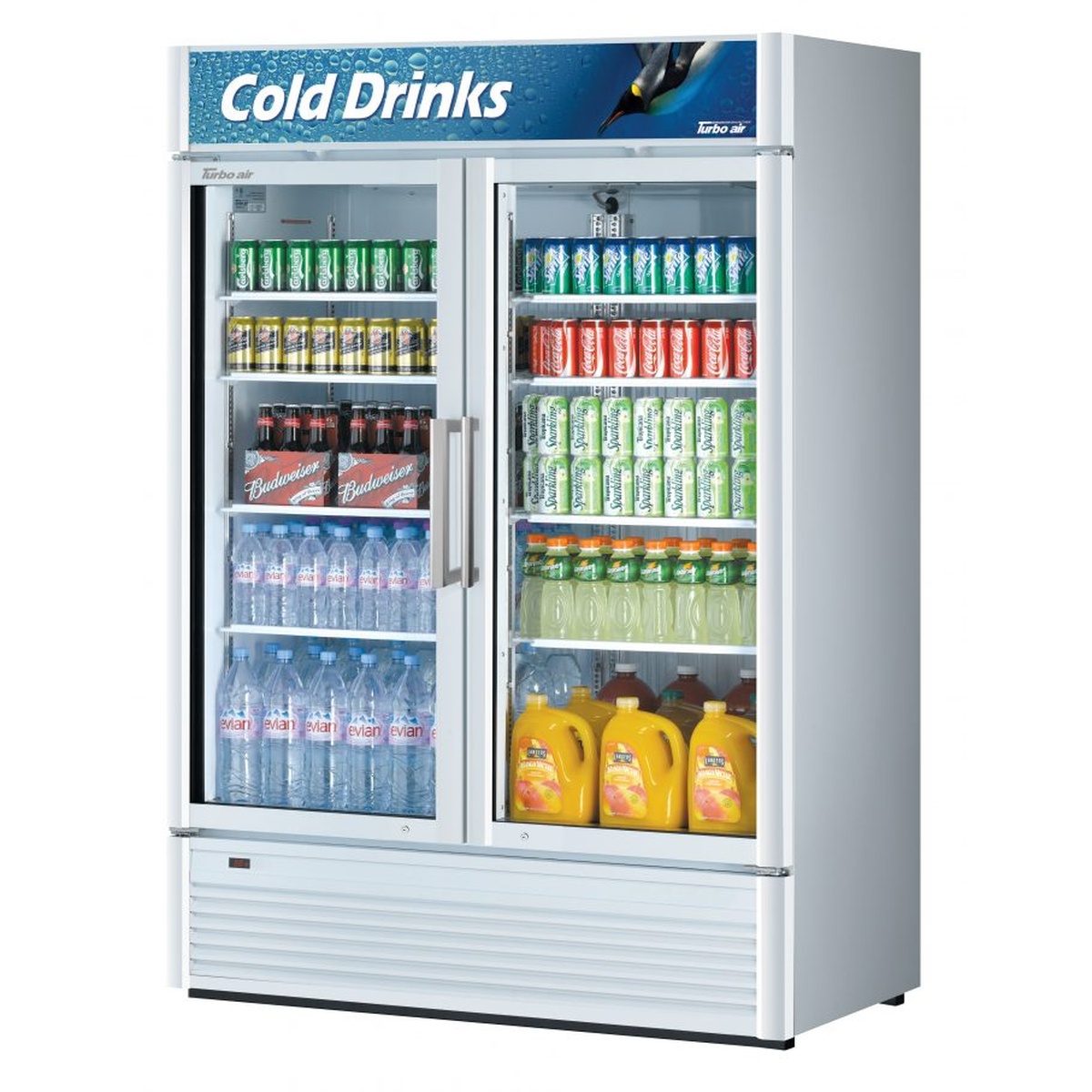 Turbo Air TGM-47SD-N white two-door glass merchandiser refrigerator stocked with beverages