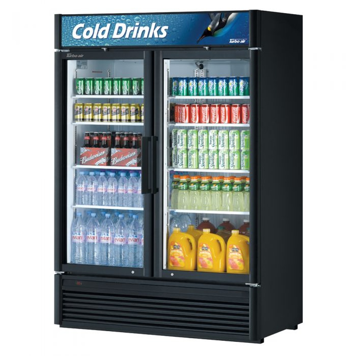 Turbo Air TGM-47SD-N black two-door glass merchandiser refrigerator stocked with beverages
