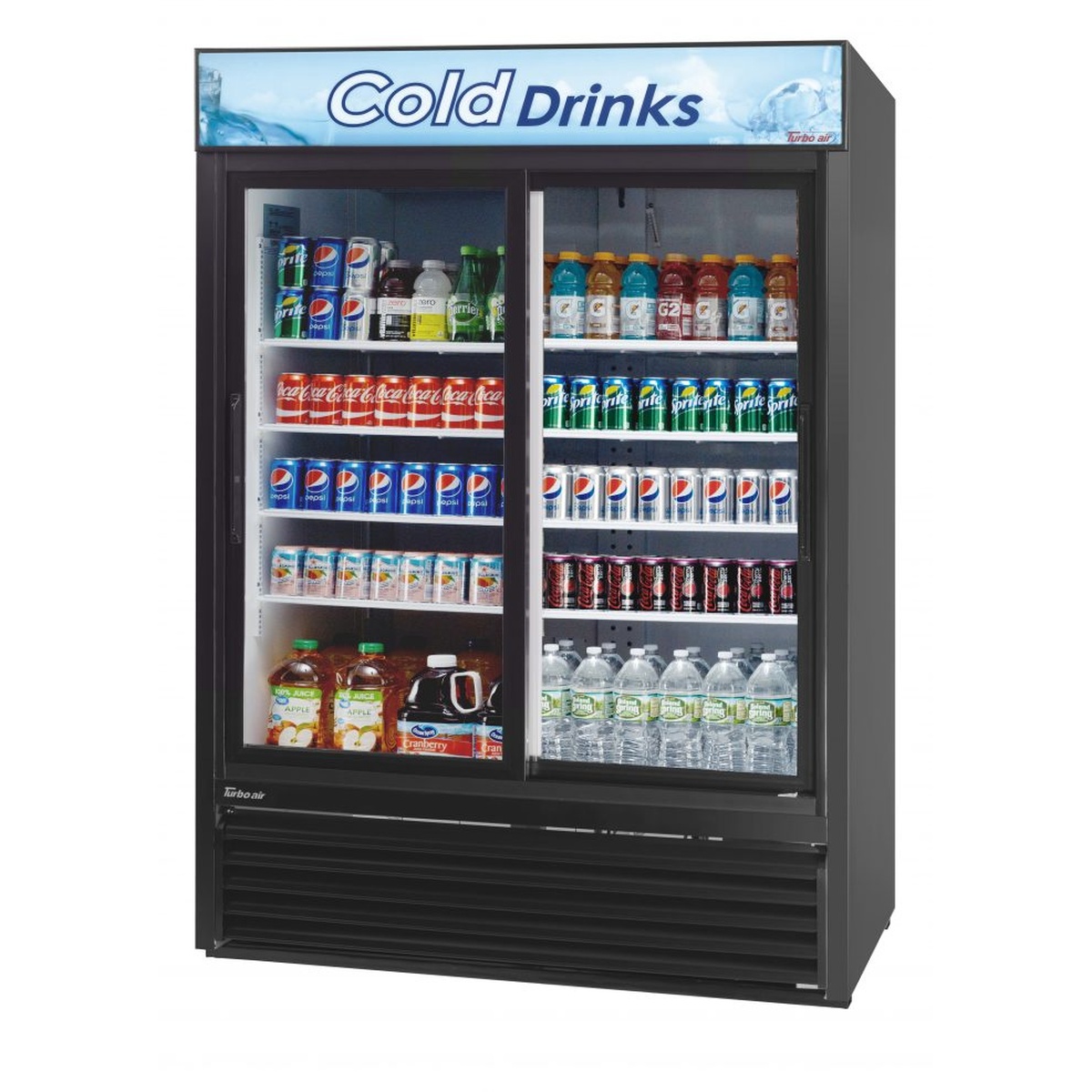 Turbo Air TGM-48R(B)-N two-section glass door merchandiser in black with LED advertising panel illuminated and shelves stocked