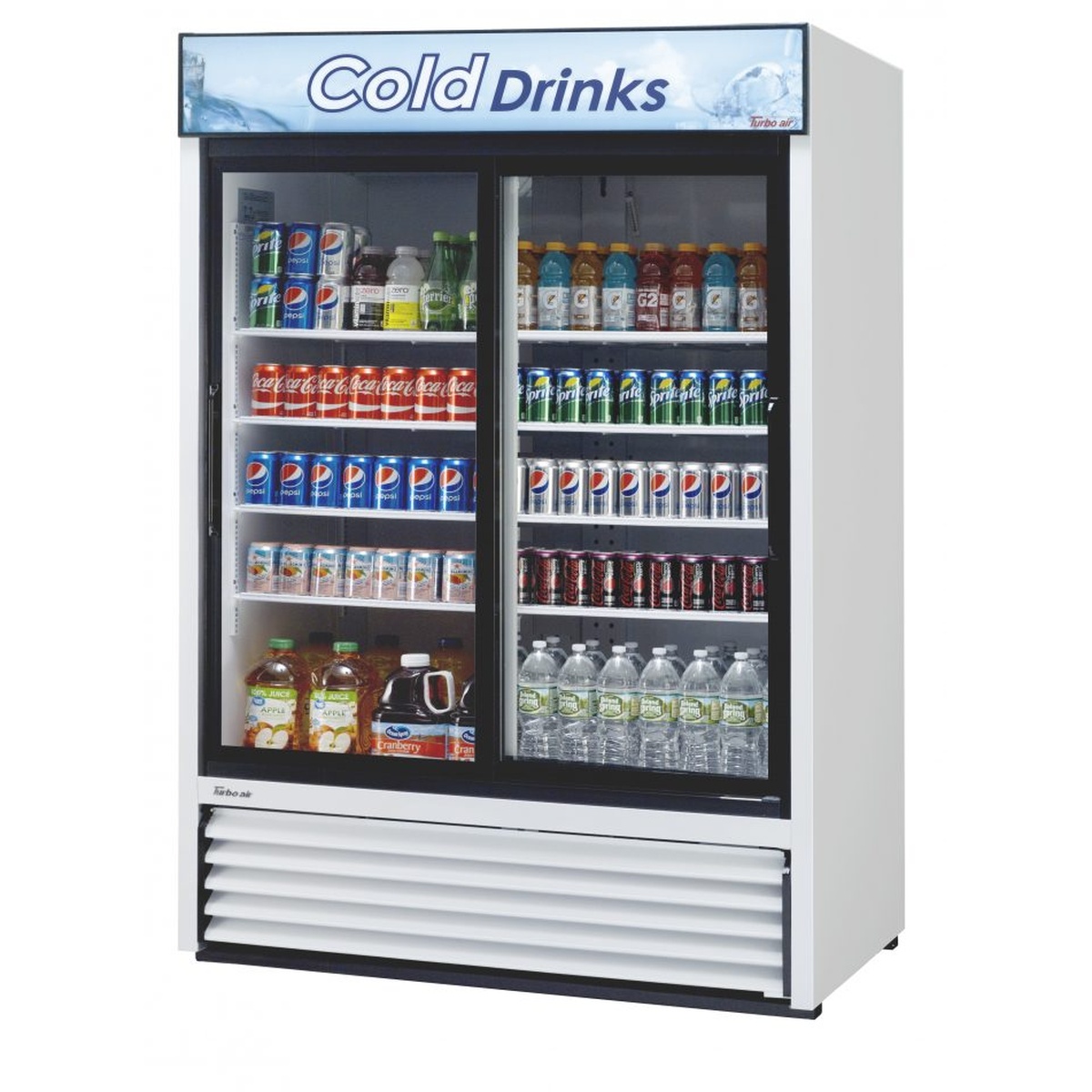 Turbo Air TGM-48R(B)-N two-section glass door merchandiser in white, fully stocked with beverages and lit LED advertising panel