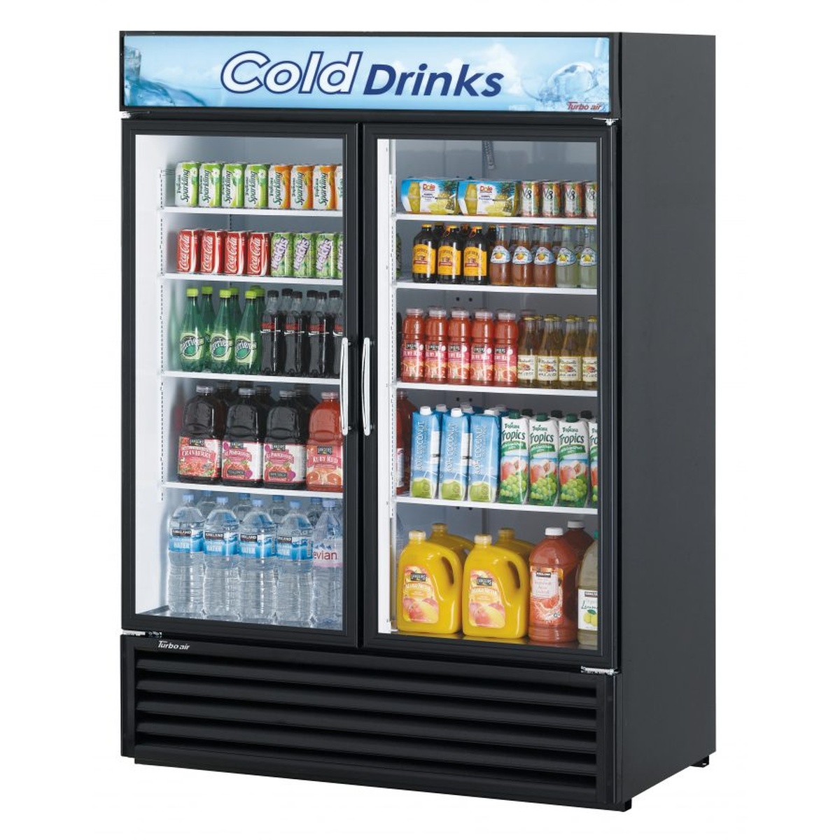 Turbo Air TGM-50RS(B)-N two-section glass door refrigerated merchandiser in black, stocked with assorted beverages and juices