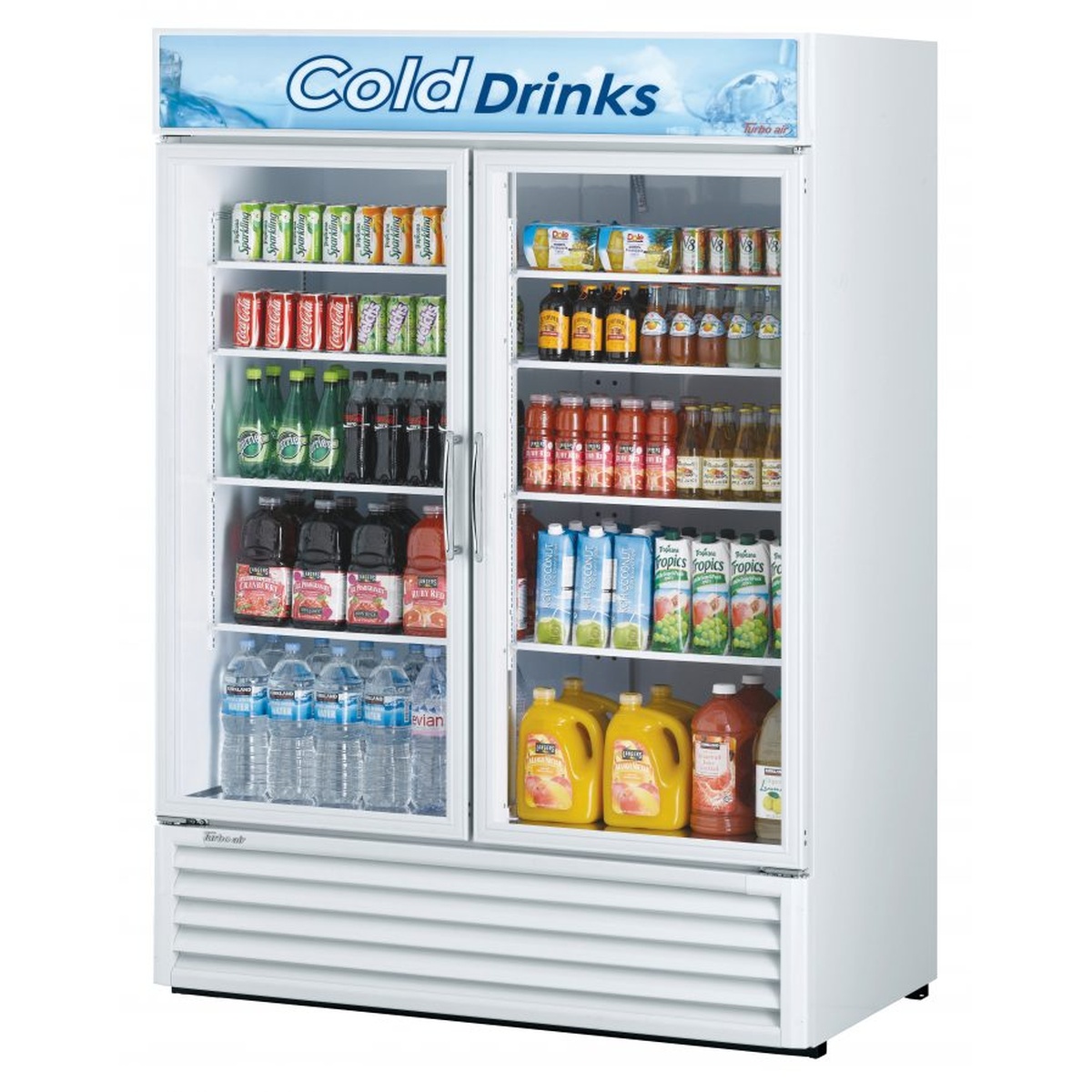 Turbo Air TGM-50RS(B)-N two-section glass door refrigerated merchandiser in white, fully stocked with beverages