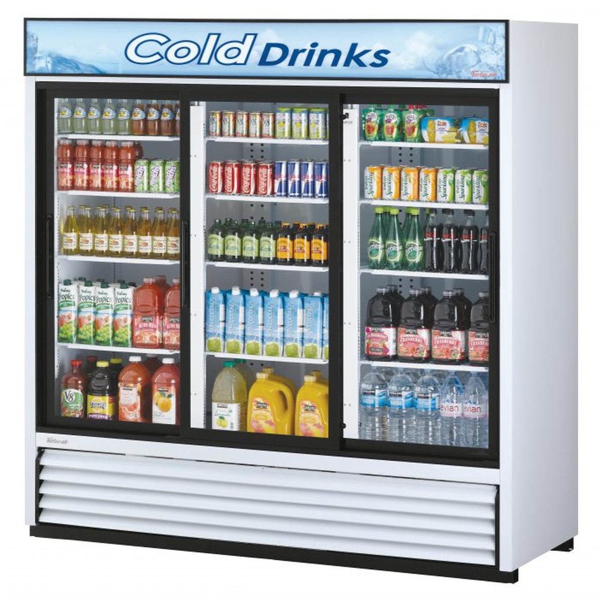 Turbo Air TGM-69R(B)-N three-section sliding glass door merchandiser refrigerator, white cabinet, stocked with assorted beverages and LED advertising panel