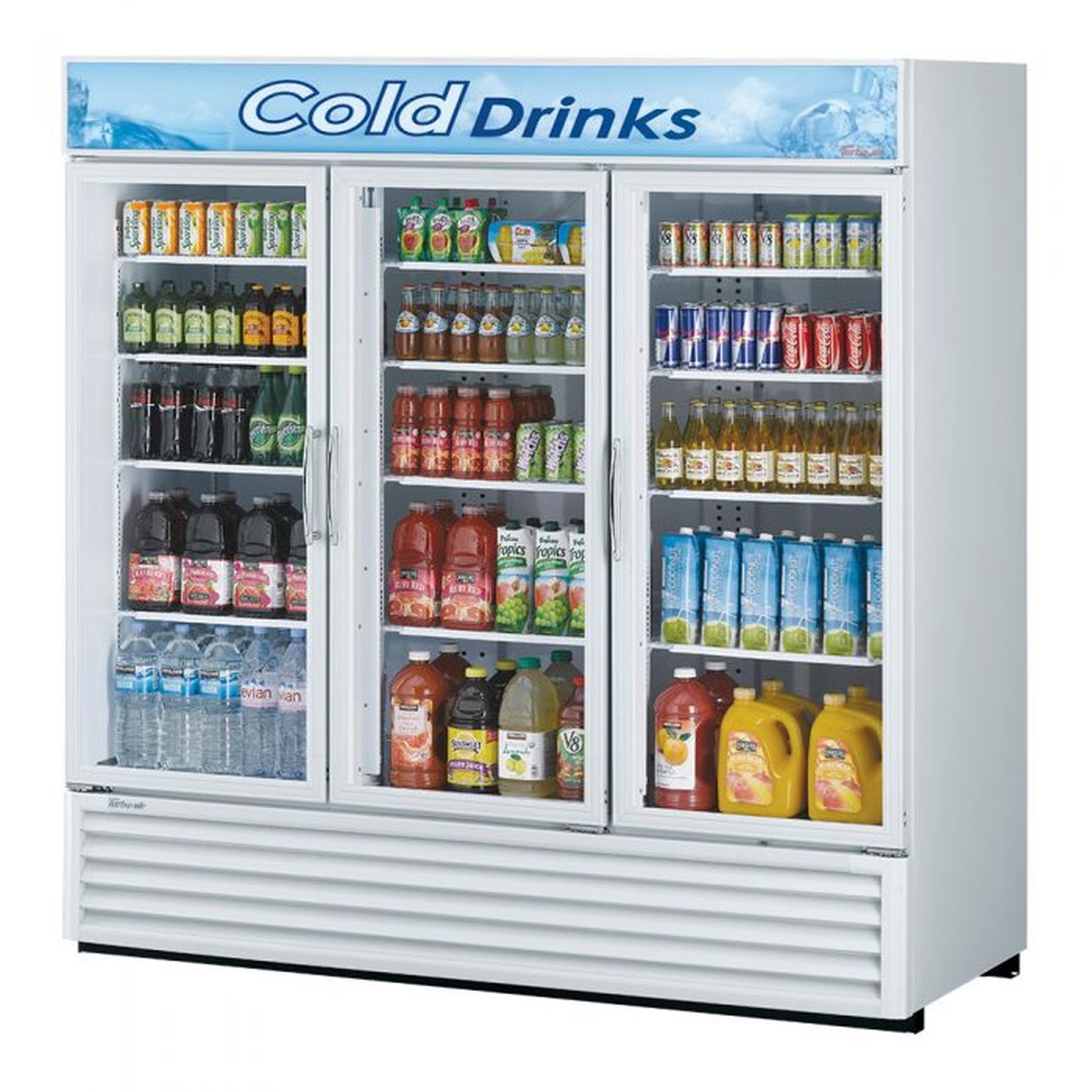 Three-section glass door merchandiser refrigerator with LED canopy sign and adjustable shelves