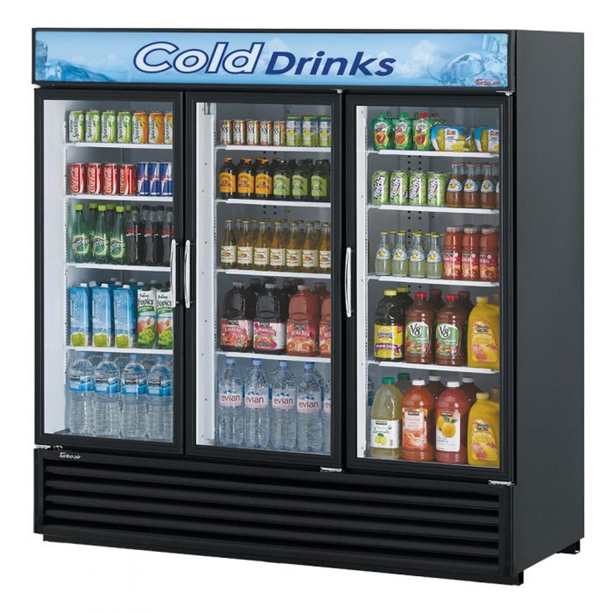 Black cabinet three-section glass door merchandiser refrigerator with illuminated canopy