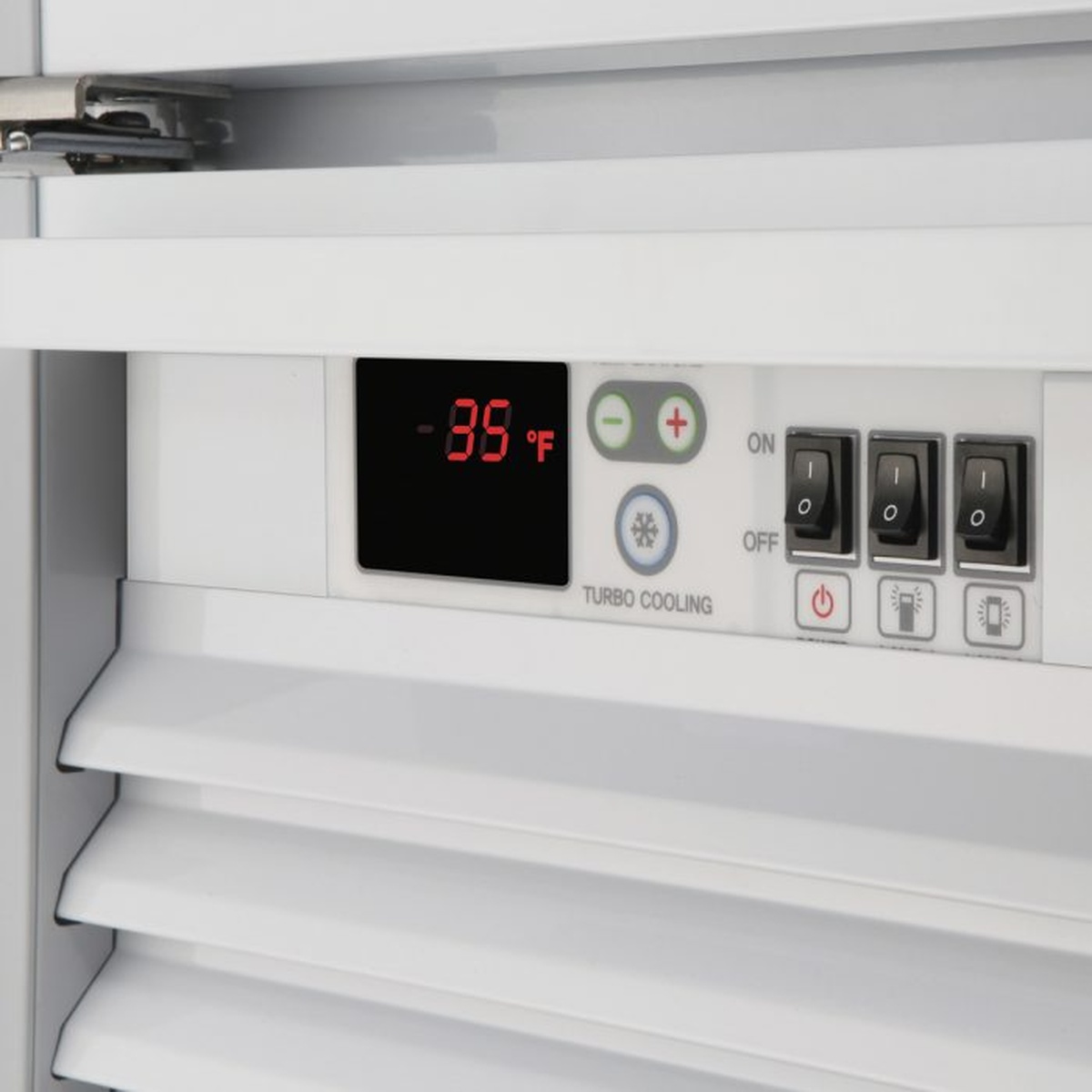 Close-up of digital temperature control panel showing 35 degrees Fahrenheit