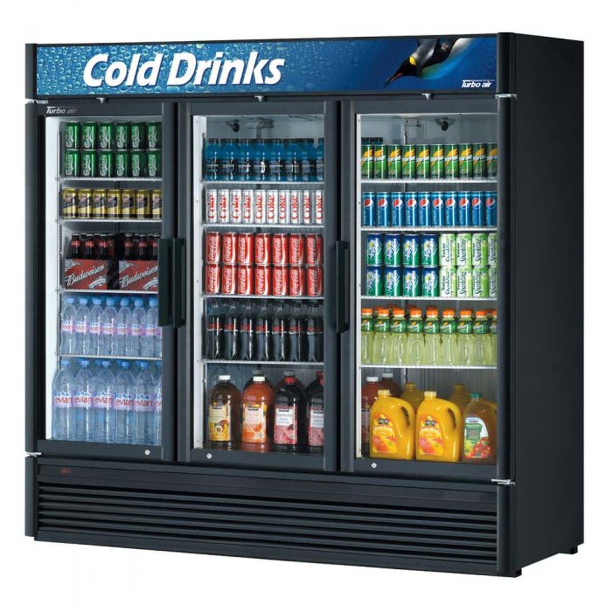 Black three swing glass door merchandiser refrigerator with illuminated advertising panel