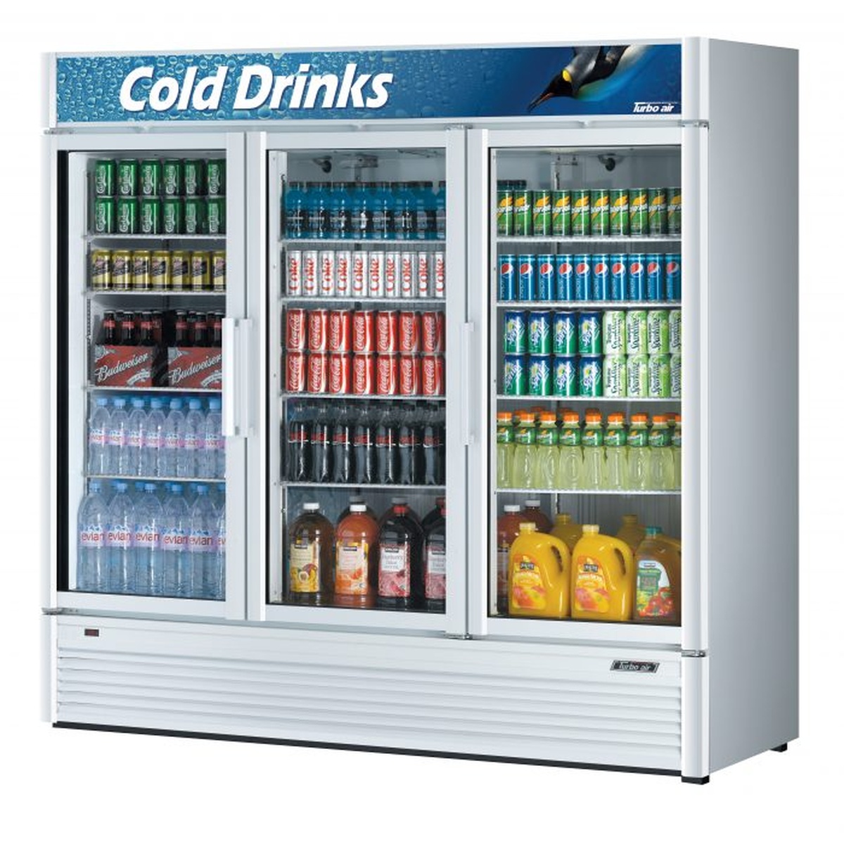 White three swing glass door merchandiser refrigerator with illuminated advertising panel