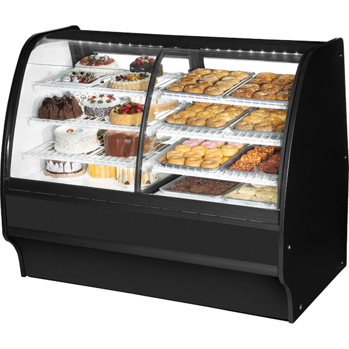 True TGM-DZ-59-SC/SC-B-W dual zone curved glass merchandiser with black exterior and white interior, shelves loaded with cakes, pastries, donuts, and baked goods