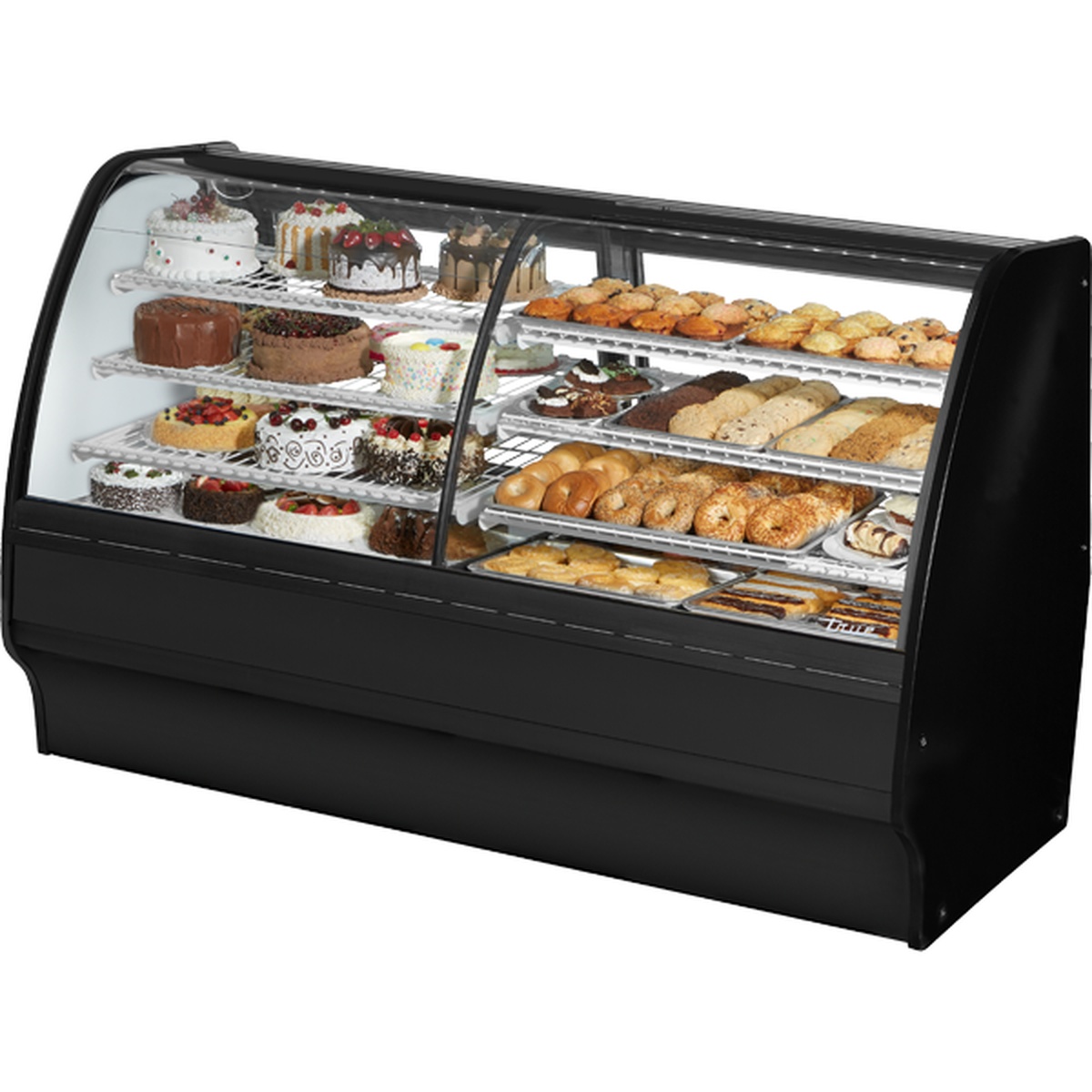 True TGM-DZ-77-SC/SC-B-W 77-inch dual-zone black curved glass refrigerated display case loaded with cakes, pastries, and baked goods on wire shelves