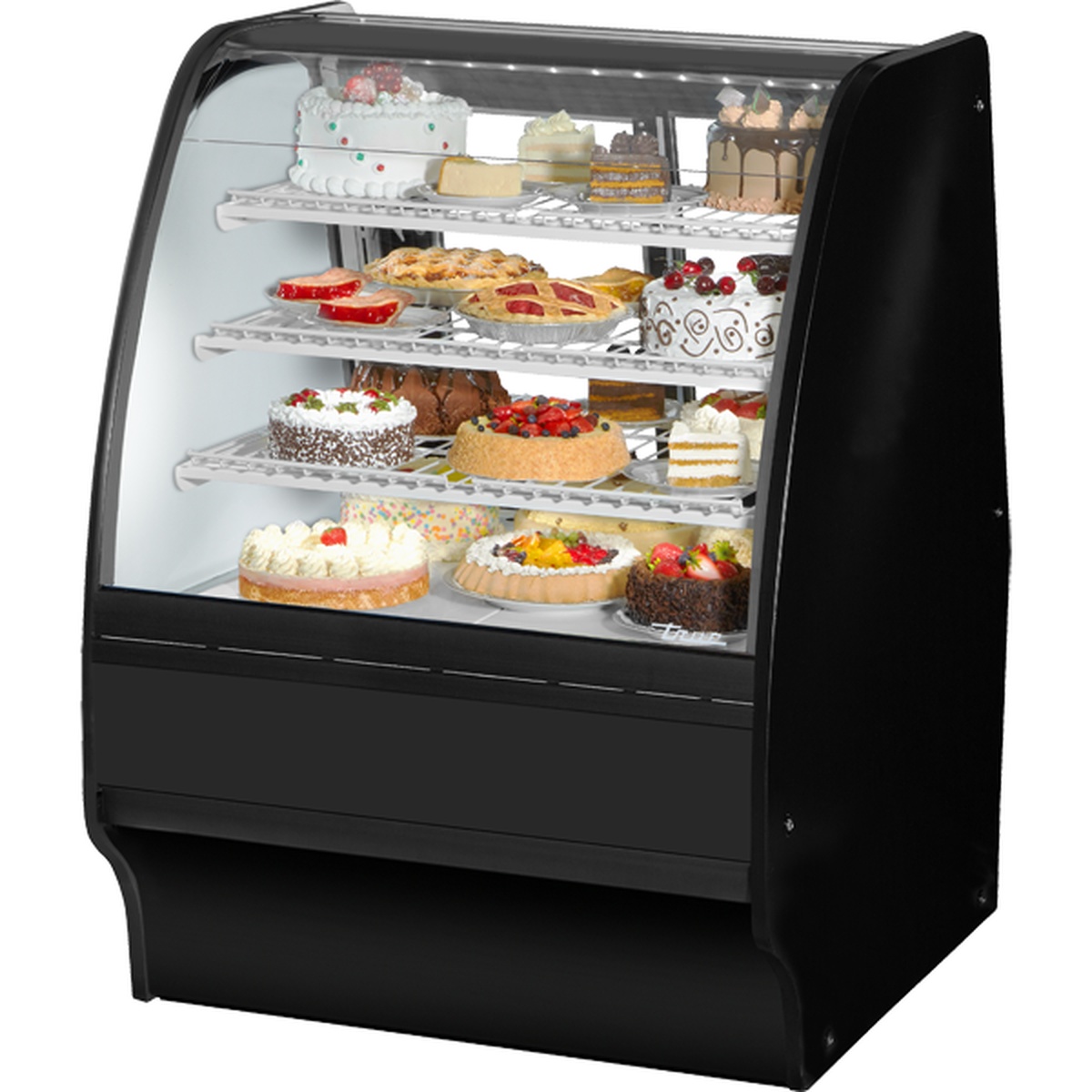 True TGM-R-36-SC/SC-B-W black refrigerated bakery display case with curved glass front loaded with cakes and pastries on wire shelves