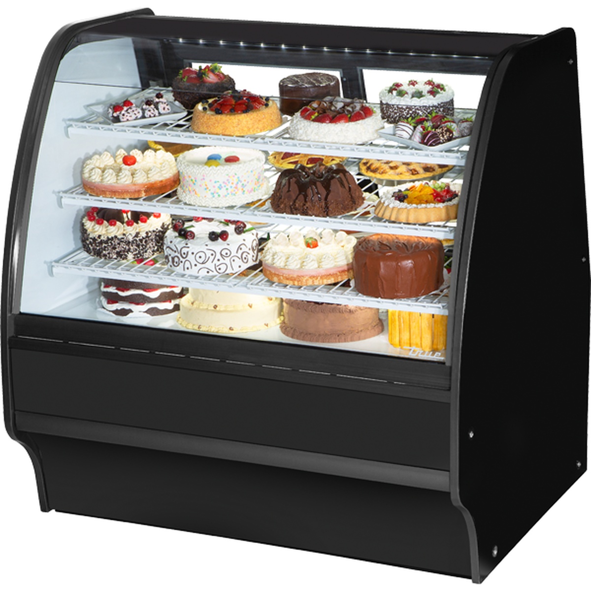 True TGM-R-48-SC/SC-B-W black curved glass bakery display case filled with cakes and pastries on four wire shelves