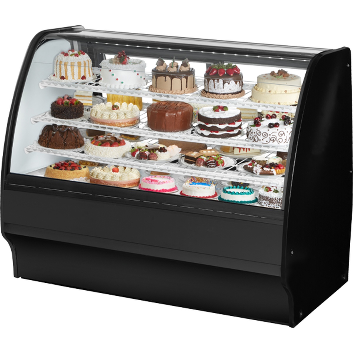 True TGM-R-59-SC/SC-B-W black refrigerated curved glass bakery display case loaded with assorted cakes on six wire shelves