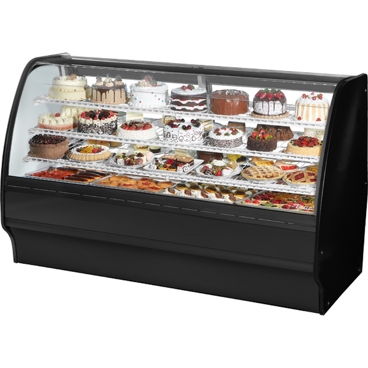 True TGM-R-77-SC/SC-B-W 77-inch curved glass refrigerated bakery display case with black exterior and white interior, loaded with cakes and pastries on wire shelves