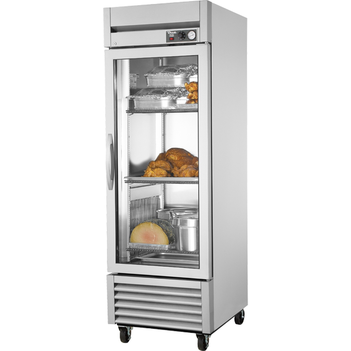 True TH-23G~FGD01 reach-in heated holding cabinet with framed glass door showing three loaded chrome-plated wire shelves and food items