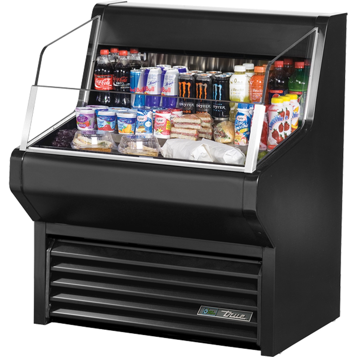 True THAC-36-HC-LD horizontal air curtain merchandiser stocked with beverages, yogurt, and sandwiches on three-tier stainless steel shelves