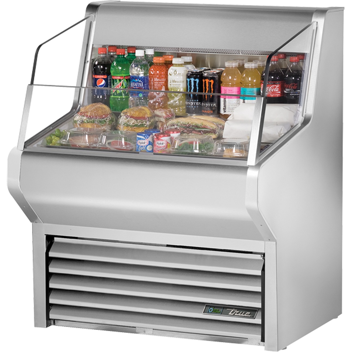 True THAC-36-S-LD stainless steel horizontal air curtain merchandiser refrigerator stocked with beverages and food items on three display tiers
