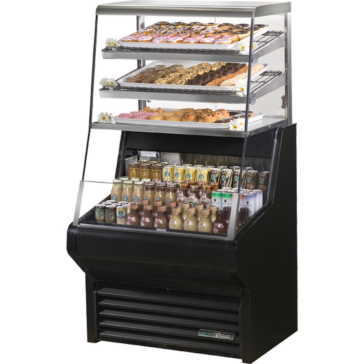 True THAC-36DG-HC-LD horizontal air curtain dry goods merchandiser in black showing tiered dry goods shelves above and open-air refrigerated section below
