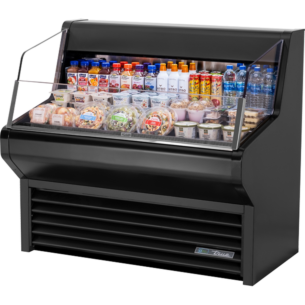 True THAC-48-LD black horizontal air curtain open-air merchandiser stocked with beverages, salads, and dairy products