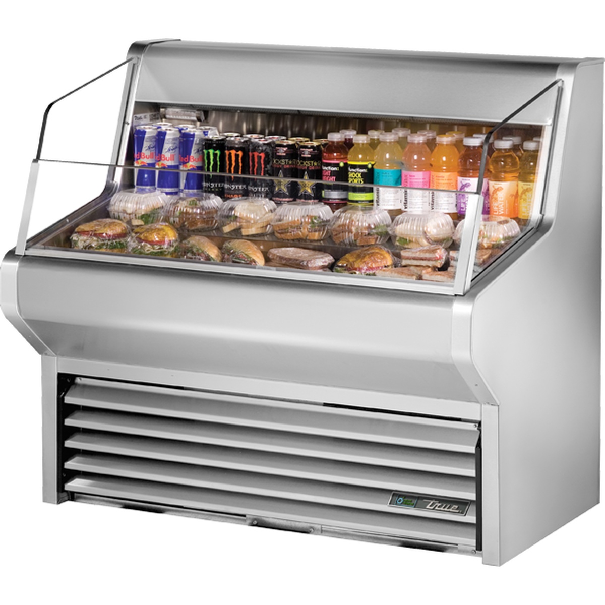 True THAC-48-S-LD stainless steel horizontal air curtain refrigerated merchandiser with 3-level tiered display