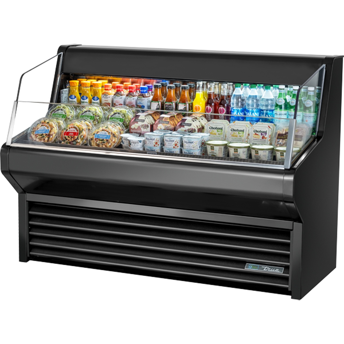 True THAC-60-LD 60-inch horizontal air curtain refrigerated merchandiser with three display tiers stocked with beverages, salads, and yogurt