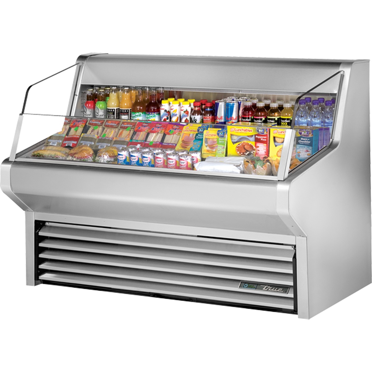 True THAC-60-S-LD horizontal air curtain refrigerated merchandiser with three tiers stocked with beverages, sandwiches, and packaged snacks