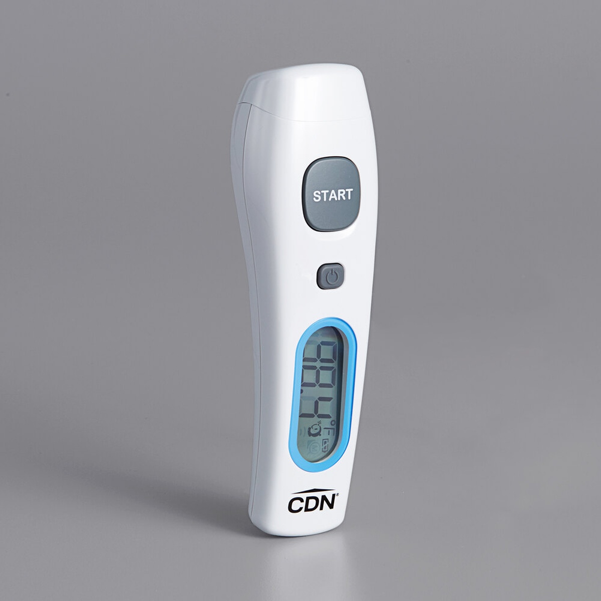 CDN THD2FE white infrared non-contact forehead thermometer with blue backlit LCD display and START button