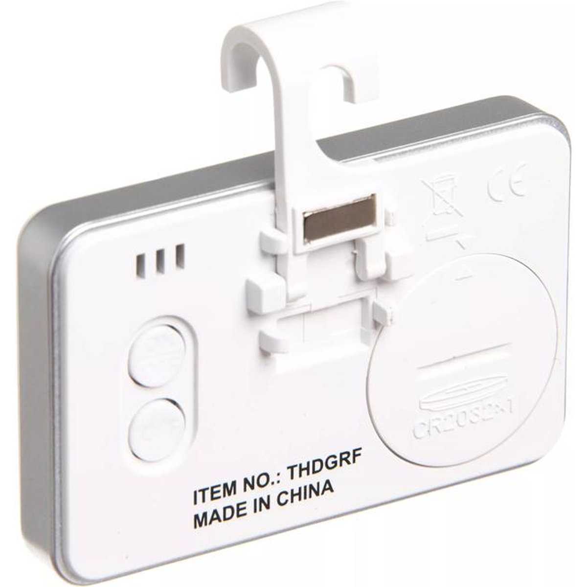 Rear view of San Jamar Escali THDGRF thermometer showing magnetic mount strip, hanging hook mechanism, kickstand, and CR2032 battery compartment