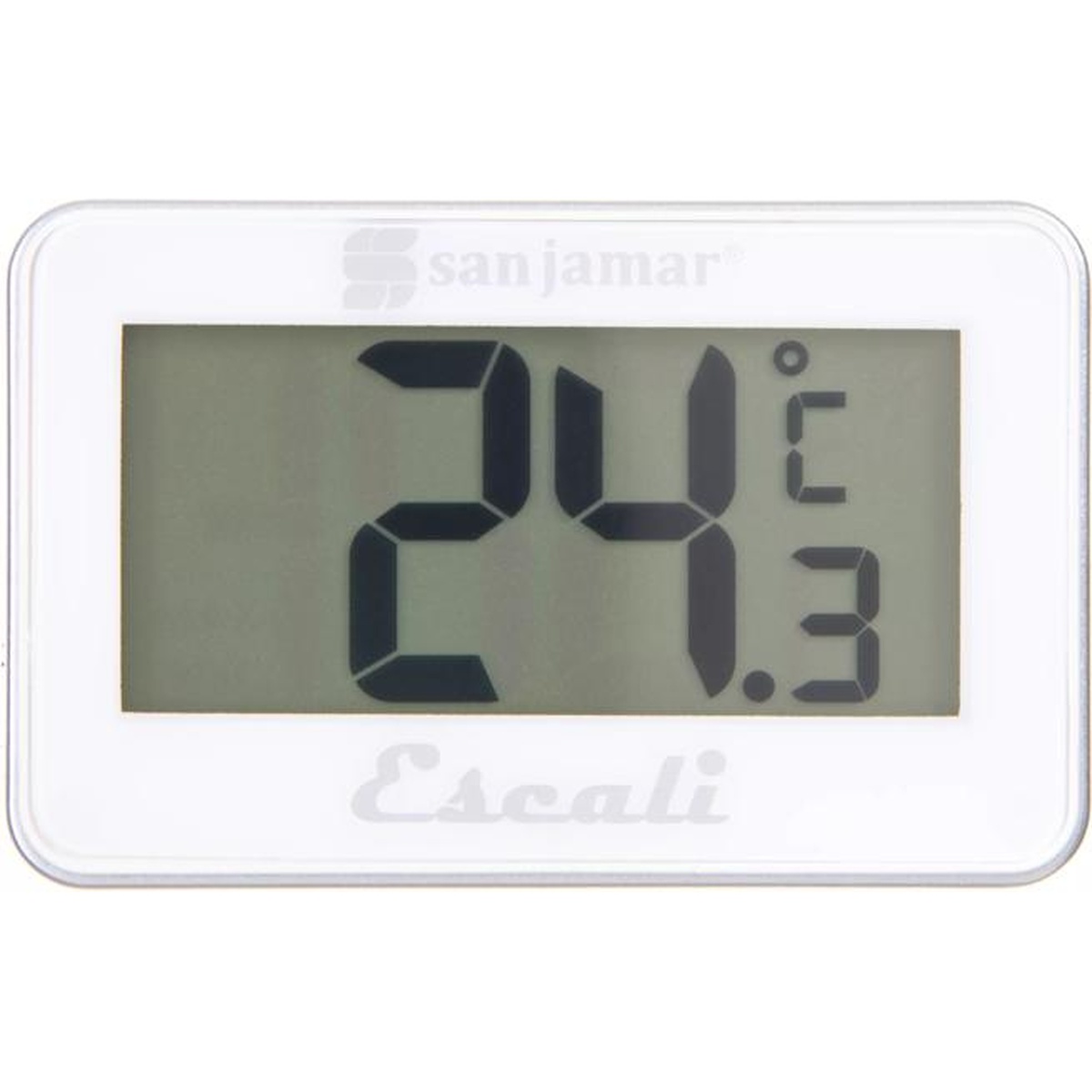 San Jamar Escali THDGRF digital refrigerator freezer thermometer front face on white background showing large digital display reading 24.3 degrees Celsius