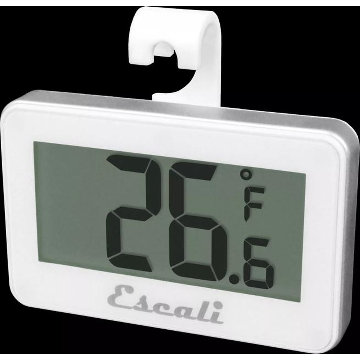 San Jamar Escali THDGRF digital thermometer angled three-quarter view with hanging hook attached, displaying 26.6 degrees Fahrenheit against black background