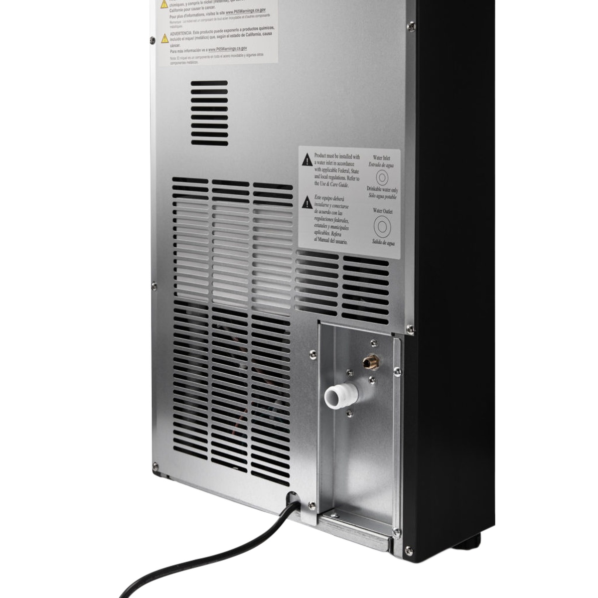 Thor Kitchen TIM1501 ice maker rear panel showing water inlet, water outlet connections, and ventilation louvers