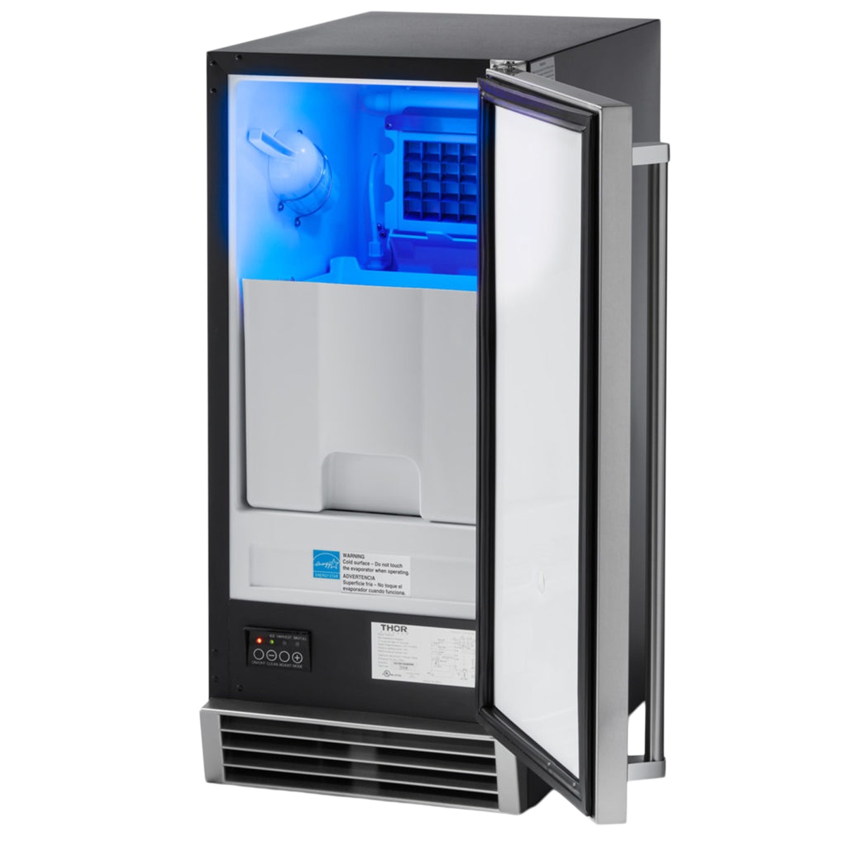 Thor Kitchen TIM1501 ice maker interior with door open, showing blue LED lighting, ice storage bin, and ice-making mechanism