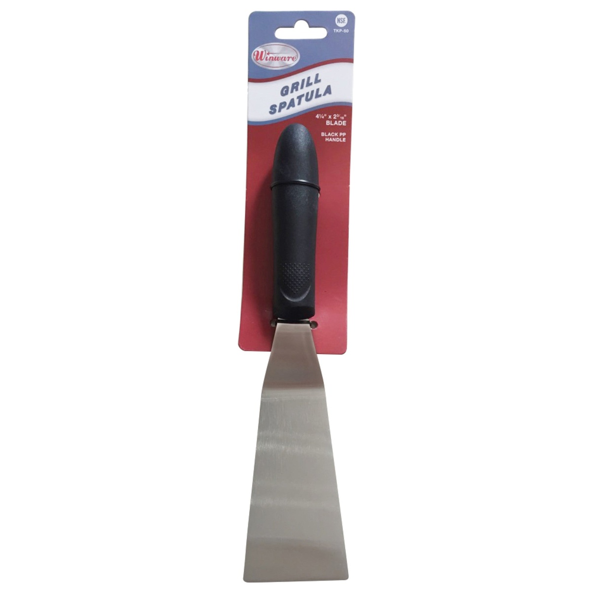 Winco TKP-50 grill spatula shown in retail packaging card
