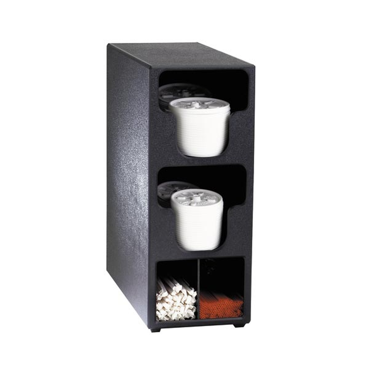 Dispense-Rite TLO-2BT black polystyrene countertop lid and straw organizer with two stacked lid compartments and divided straw section at base
