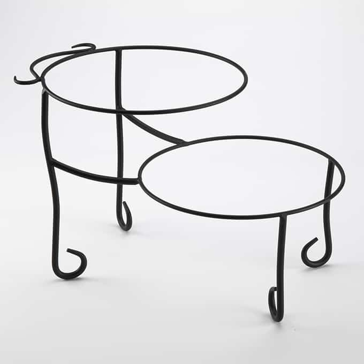 American Metalcraft TLSP1219 black wrought iron 2-tier display stand with curled feet on neutral background