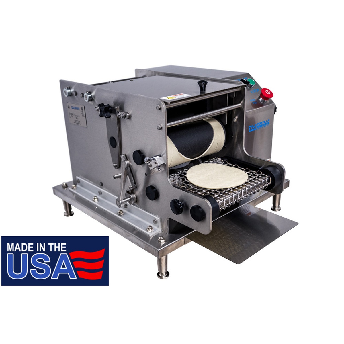 TM105 tortilla machine with covers open revealing internal gear-driven rollers and food-grade plastic components