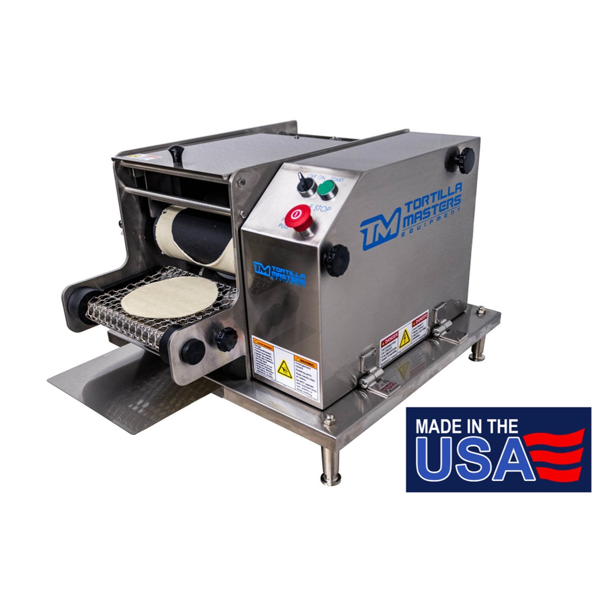 Tortilla Masters TM105 countertop corn tortilla machine with stainless steel construction and Made in USA badge