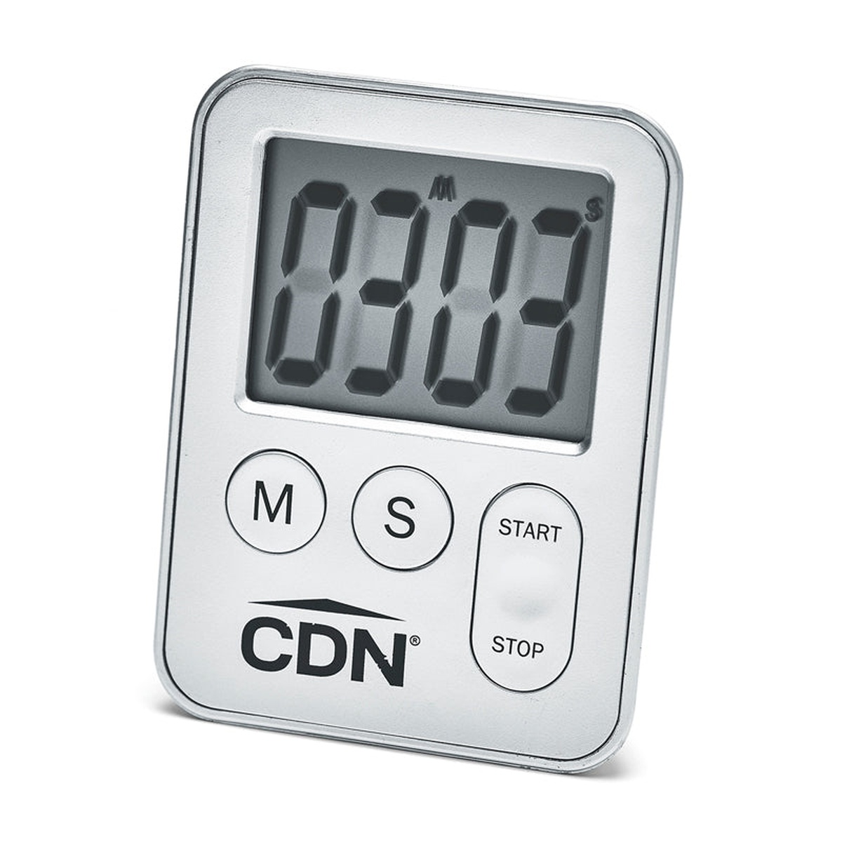 CDN TM28-S silver mini digital timer angled side view showing slim profile and button layout