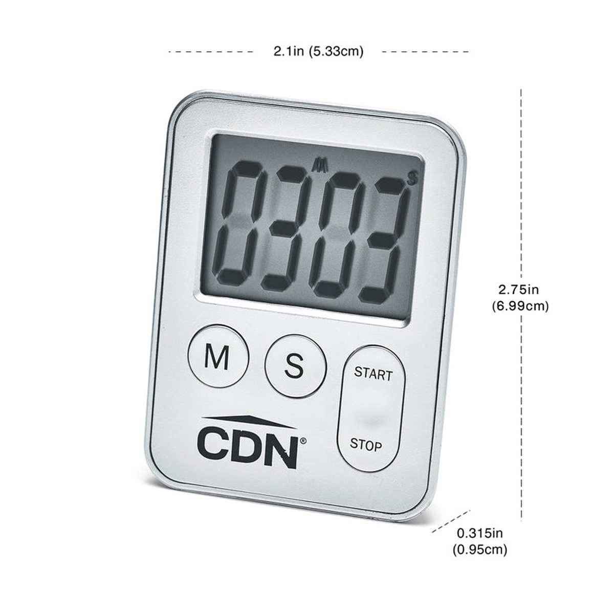 CDN TM28-S timer dimension diagram showing 2.1 inch width, 2.75 inch height, and 0.315 inch depth measurements