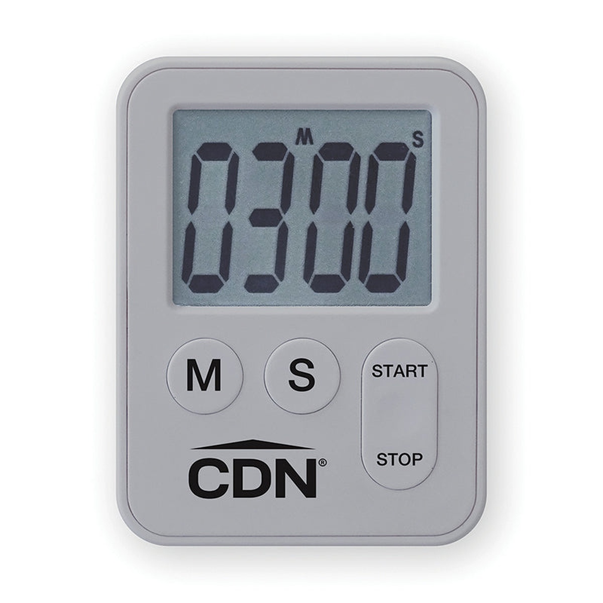 CDN TM28-S silver mini digital kitchen timer front view showing LCD display and M, S, Start, Stop buttons