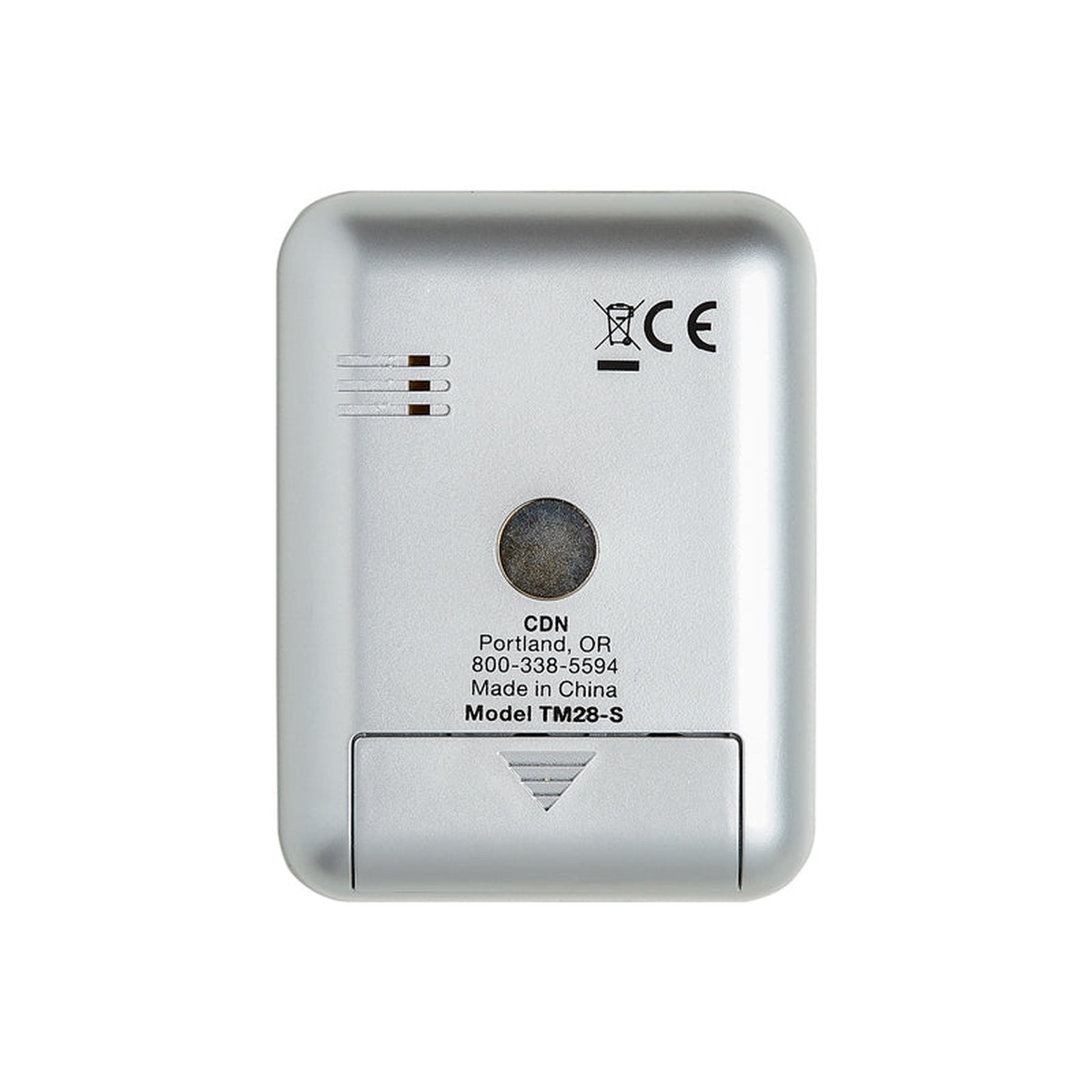 CDN TM28-S timer rear view showing built-in circular magnet and battery compartment