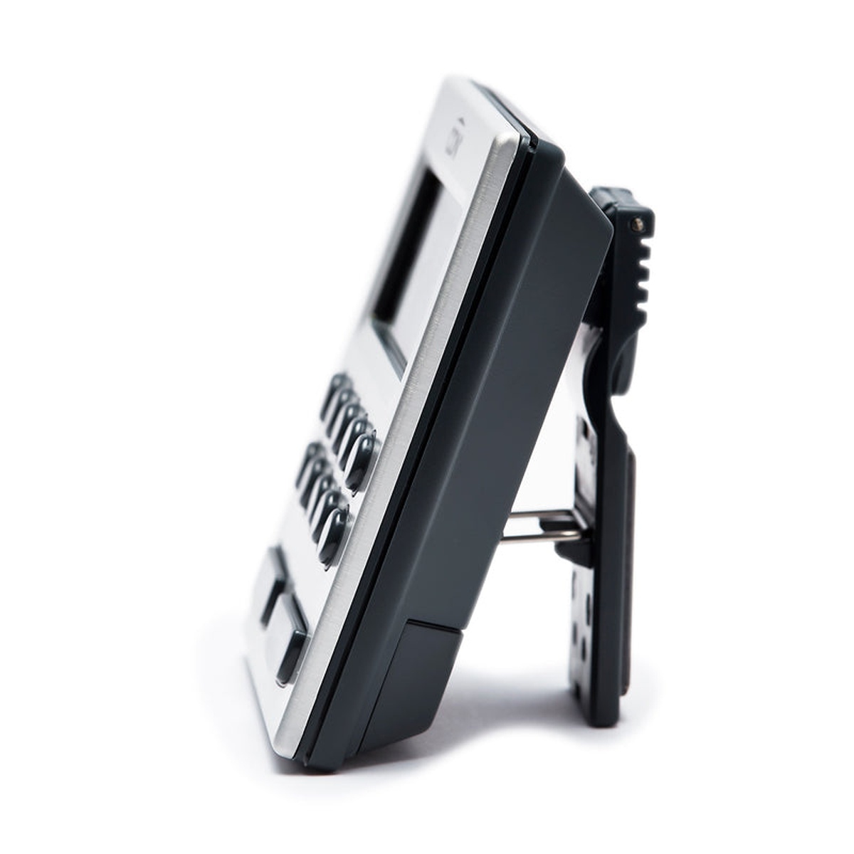 CDN TM30 timer side profile showing built-in kickstand and pocket clip on back