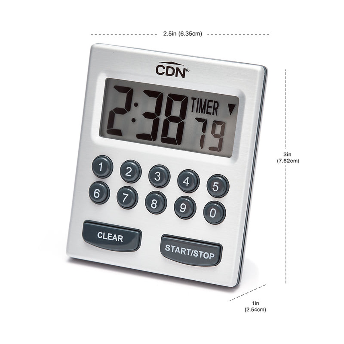 CDN TM30 timer front view with dimension callouts showing 2.5 inches wide, 3 inches tall, and 1 inch deep