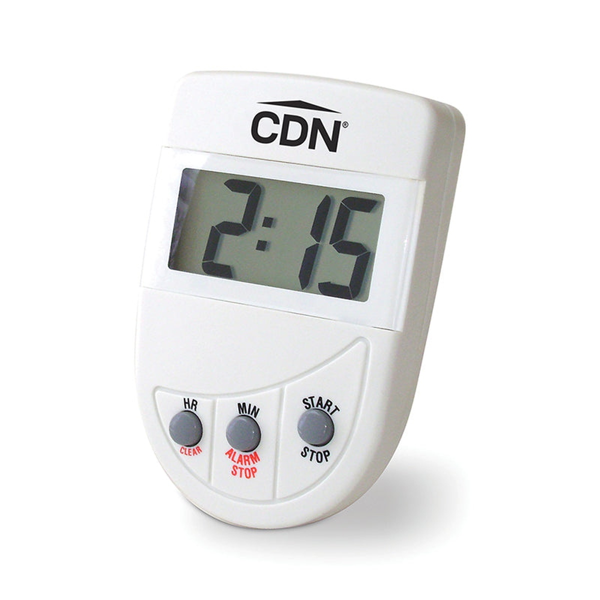 CDN TM4 white digital kitchen timer showing large LCD display with HR, MIN, and START/STOP buttons
