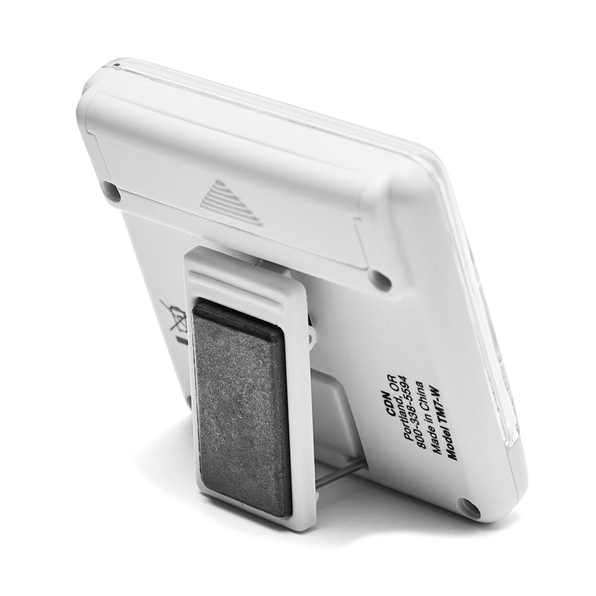 CDN TM7-W kitchen timer back view showing built-in magnet pad and fold-out stand with CDN branding label