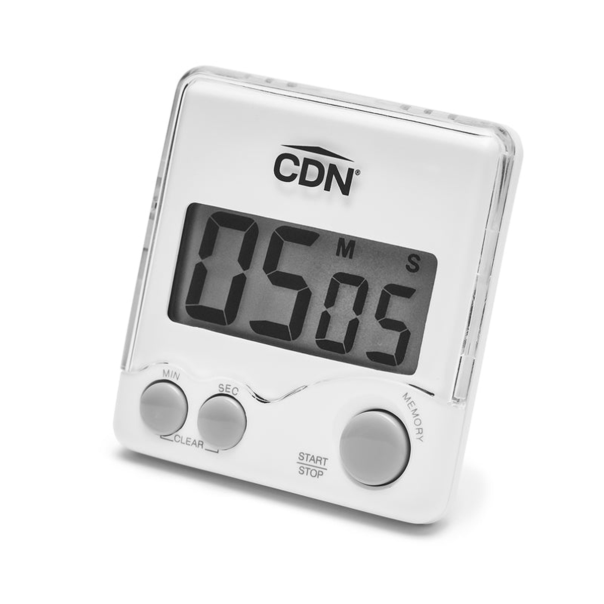 CDN TM7-W white digital kitchen timer front view showing large LCD display with big digits and MIN, SEC, CLEAR, START/STOP, and MEMORY buttons