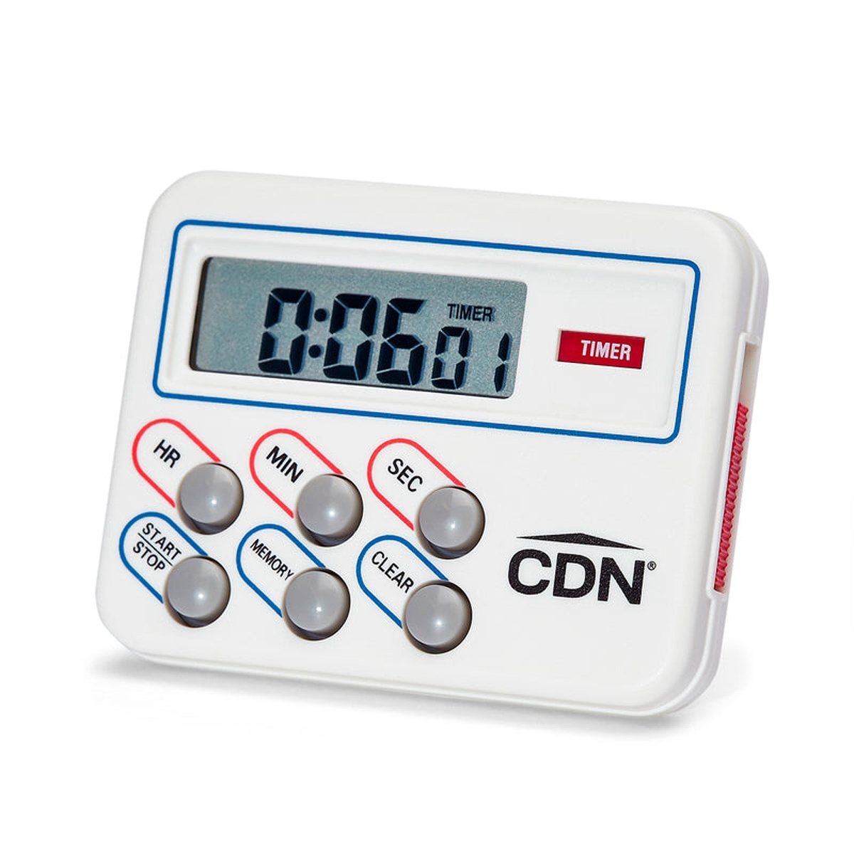 CDN TM8 Multi-Task Timer and Clock front view showing LCD display and labeled HR, MIN, SEC, START/STOP, MEMORY, and CLEAR buttons