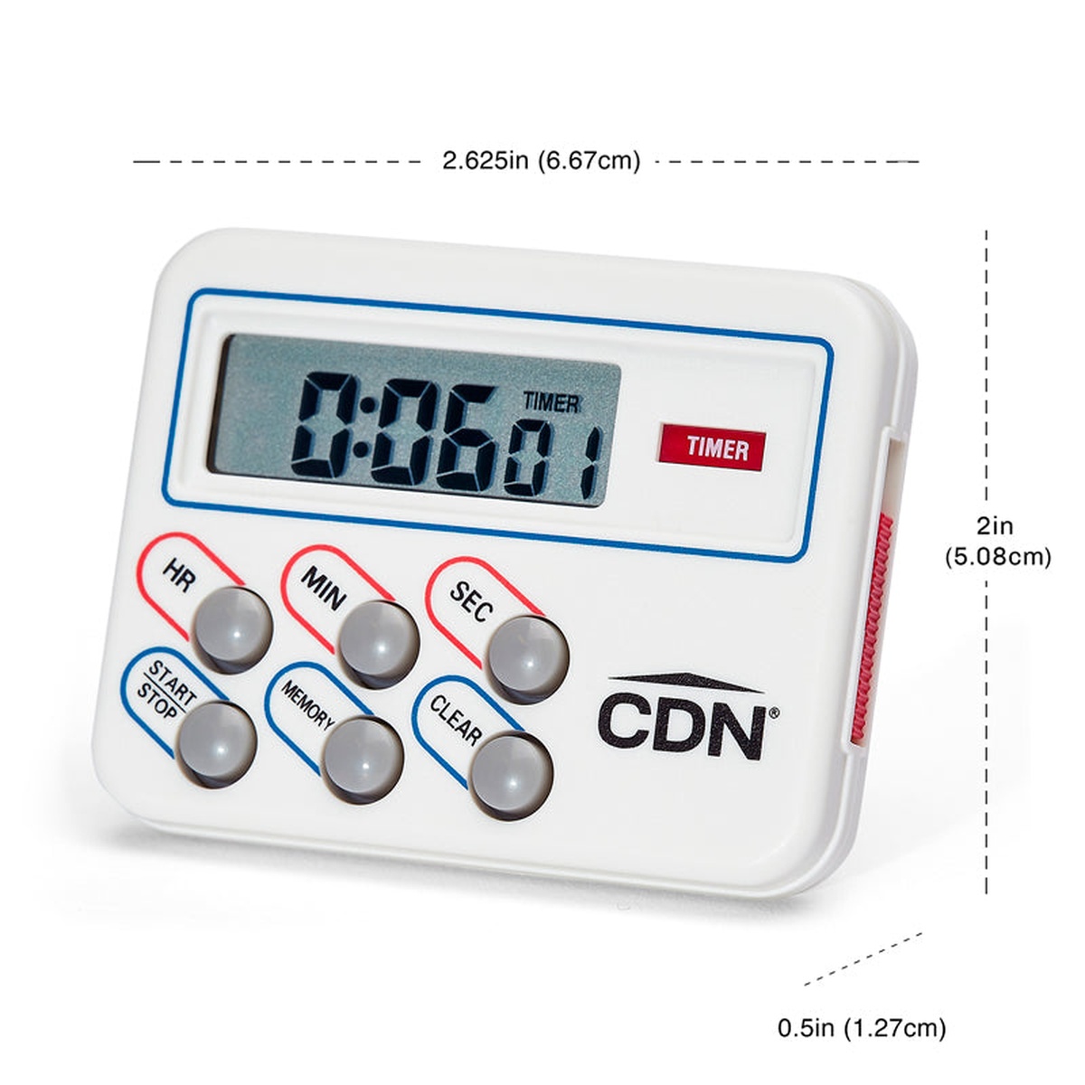 CDN TM8 timer with dimension callouts showing 2.625 inches wide, 2 inches tall, and 0.5 inches deep