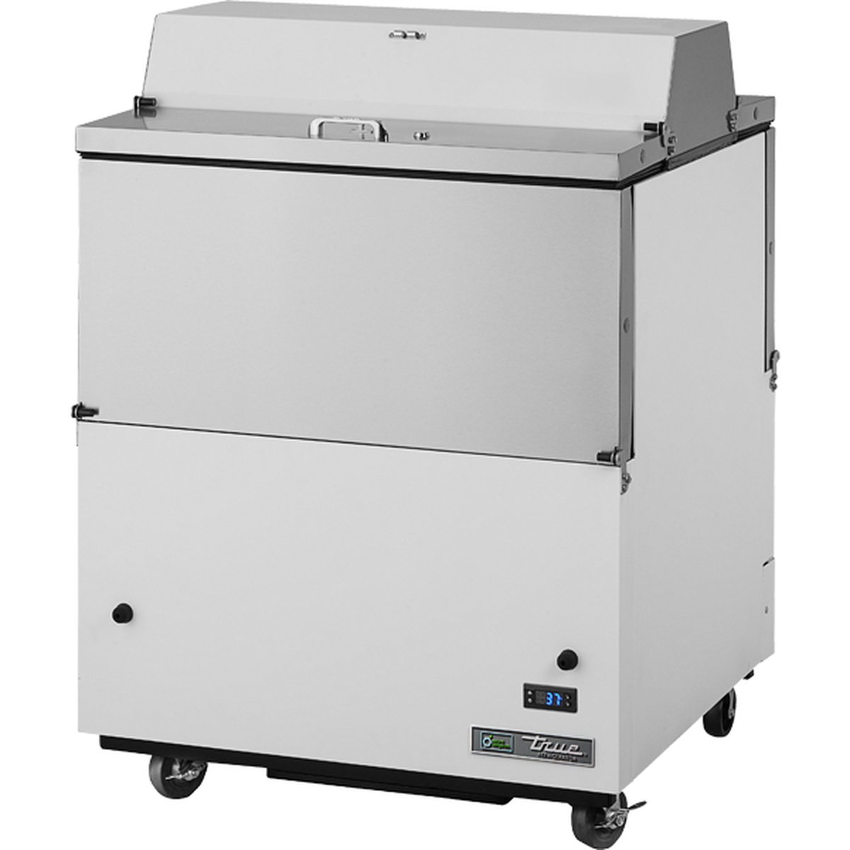 True TMC-34-DS-SS-HC dual-sided stainless steel milk cooler with flip-up top door and digital temperature display