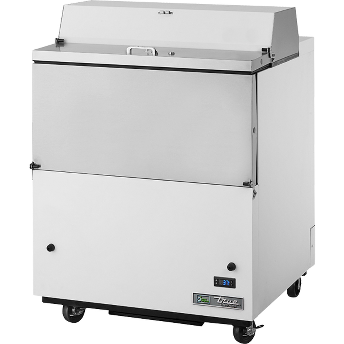 True TMC-34-HC milk cooler with white vinyl exterior, stainless steel flip-up top door open, digital temperature display on front